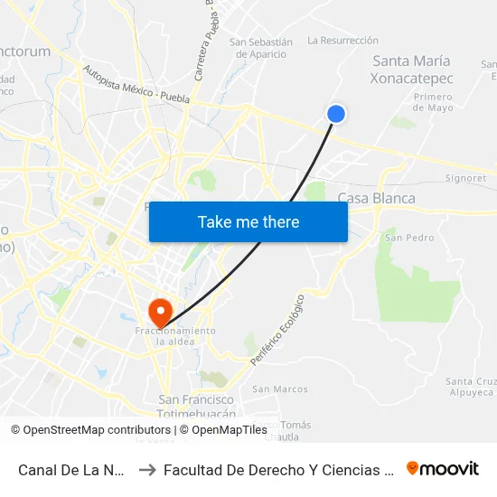 Canal De La Noria, 4_1 to Facultad De Derecho Y Ciencias Sociales Buap map