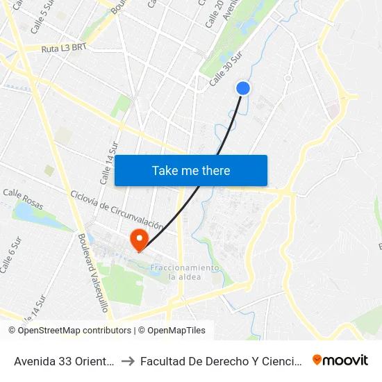 Avenida 33 Oriente, 3208_22 to Facultad De Derecho Y Ciencias Sociales Buap map