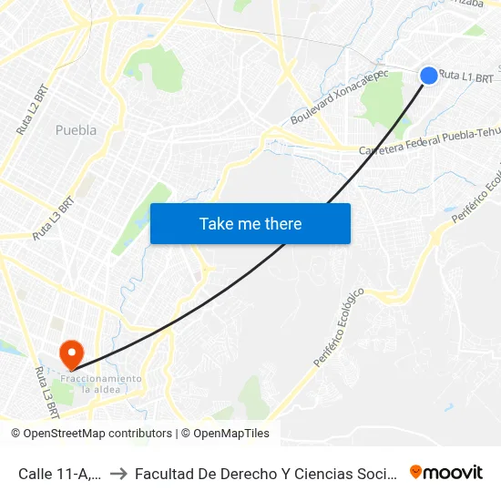 Calle 11-A, 3_4 to Facultad De Derecho Y Ciencias Sociales Buap map