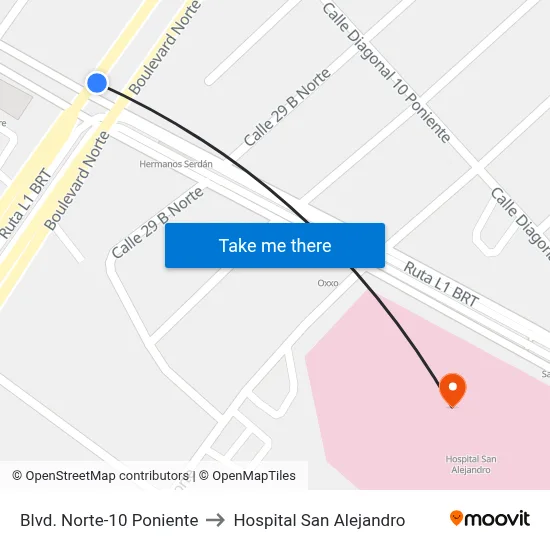 Blvd. Norte-10 Poniente to Hospital San Alejandro map