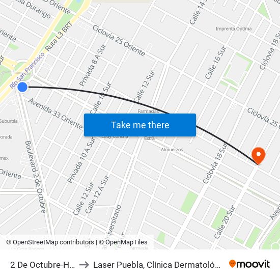 2 De Octubre-Héroes 5 De Mayo to Laser Puebla, Clínica Dermatológica y Cirugía Estética de Puebla. map