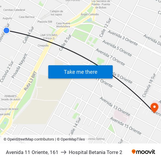 Avenida 11 Oriente, 161 to Hospital Betania Torre 2 map