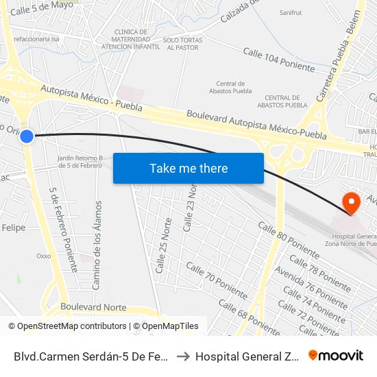 Blvd.Carmen Serdán-5 De Febrero Oriente to Hospital General Zona Norte map