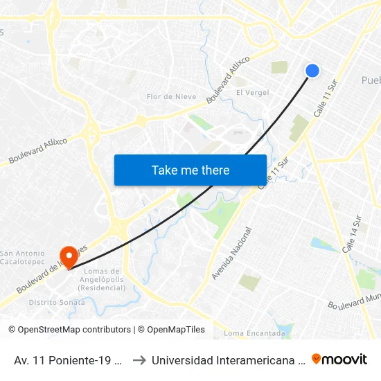Av. 11 Poniente-19 Sur to Universidad Interamericana Ac map