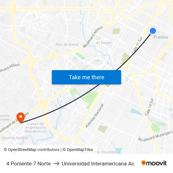 4 Poniente-7 Norte to Universidad Interamericana Ac map