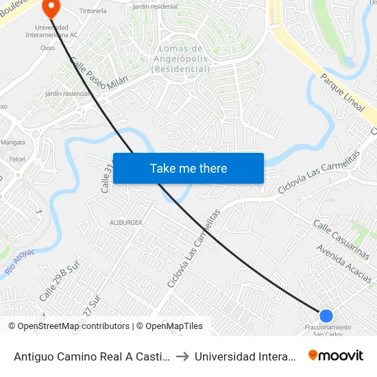 Antiguo Camino Real A Castillotla, 12912c_4 to Universidad Interamericana Ac map