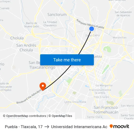 Puebla - Tlaxcala, 17 to Universidad Interamericana Ac map