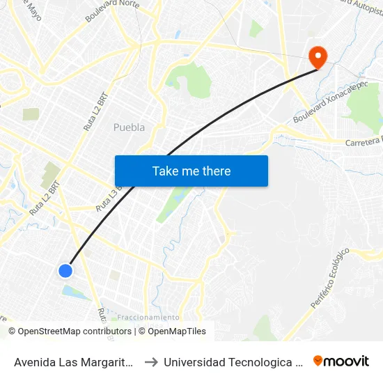 Avenida Las Margaritas, 202_1 to Universidad Tecnologica De Puebla map