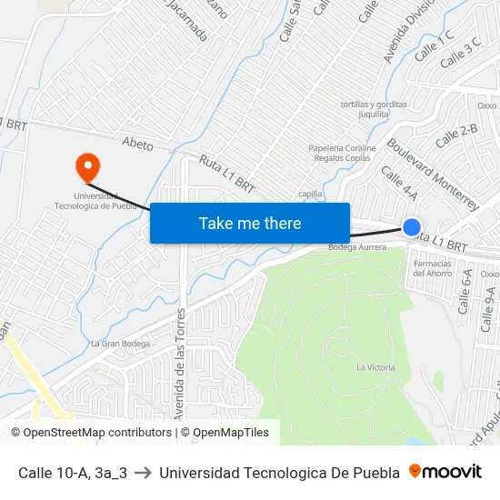 Calle 10-A, 3a_3 to Universidad Tecnologica De Puebla map