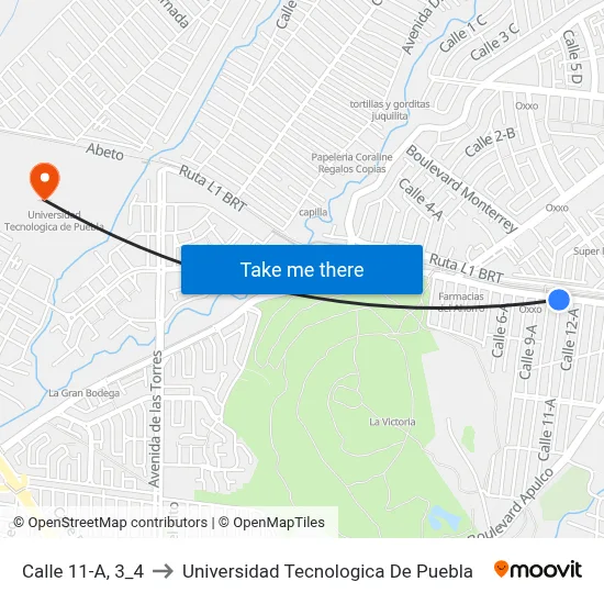 Calle 11-A, 3_4 to Universidad Tecnologica De Puebla map