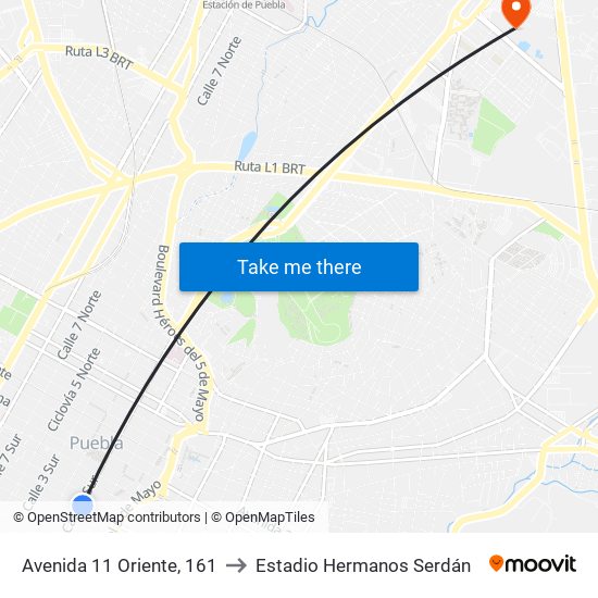 Avenida 11 Oriente, 161 to Estadio Hermanos Serdán map