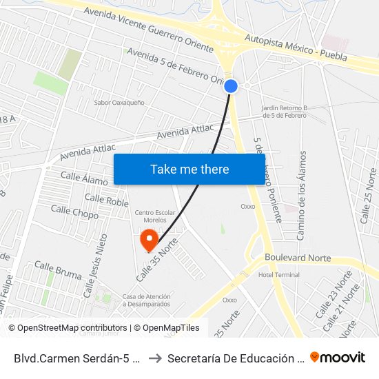 Blvd.Carmen Serdán-5 De Febrero Oriente to Secretaría De Educación Pública Puebla Sep map