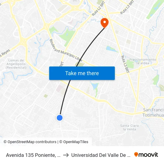 Avenida 135 Poniente, 301_2 to Universidad Del Valle De Puebla map