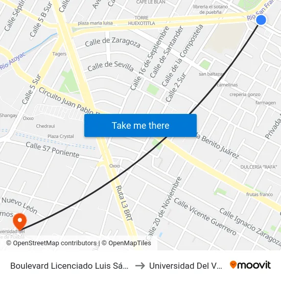 Boulevard Licenciado Luis Sánchez Pontón, 602_8 to Universidad Del Valle De Puebla map