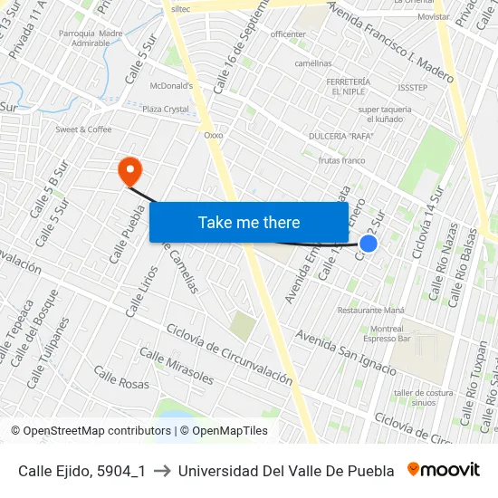 Calle Ejido, 5904_1 to Universidad Del Valle De Puebla map