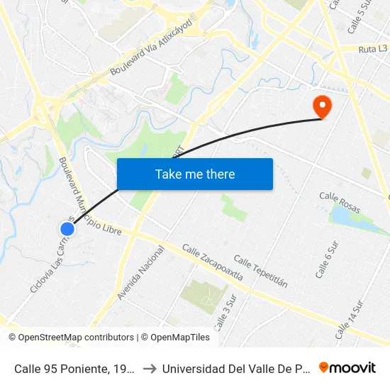 Calle 95 Poniente, 1902_2 to Universidad Del Valle De Puebla map
