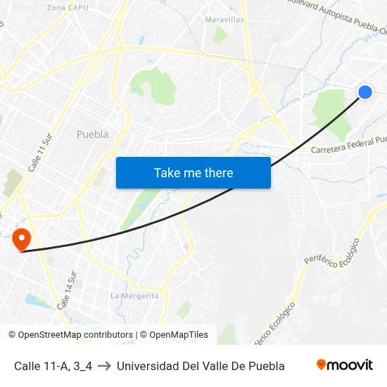 Calle 11-A, 3_4 to Universidad Del Valle De Puebla map