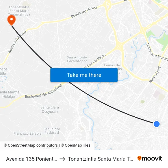 Avenida 135 Poniente, 301_2 to Tonantzintla Santa María Tonantzintla map