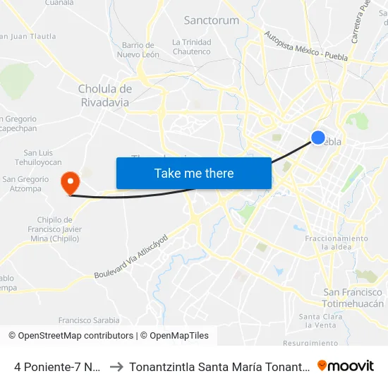 4 Poniente-7 Norte to Tonantzintla Santa María Tonantzintla map