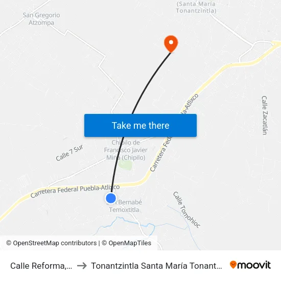 Calle Reforma, 18 to Tonantzintla Santa María Tonantzintla map