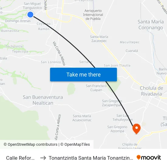 Calle Reforma to Tonantzintla Santa María Tonantzintla map