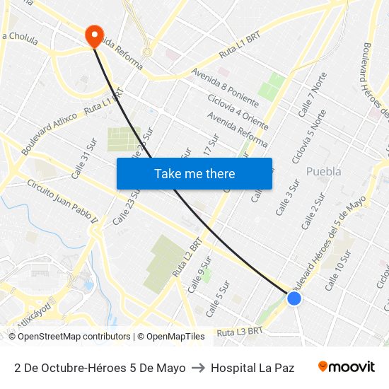2 De Octubre-Héroes 5 De Mayo to Hospital La Paz map