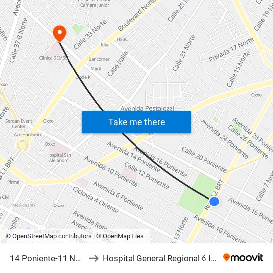 14 Poniente-11 Norte to Hospital General Regional 6 Imss map