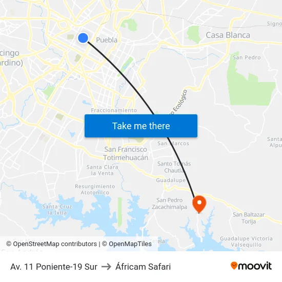 Av. 11 Poniente-19 Sur to Áfricam Safari map