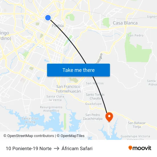 10 Poniente-19 Norte to Áfricam Safari map