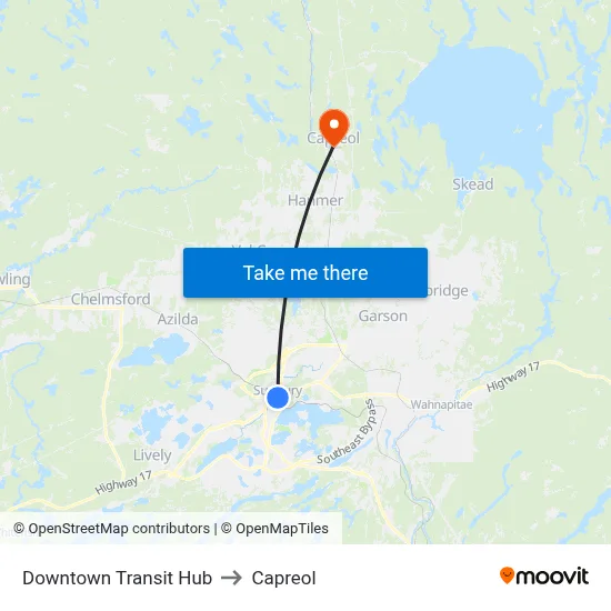 Downtown Transit Hub to Capreol map