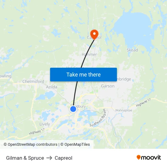 Gilman & Spruce to Capreol map