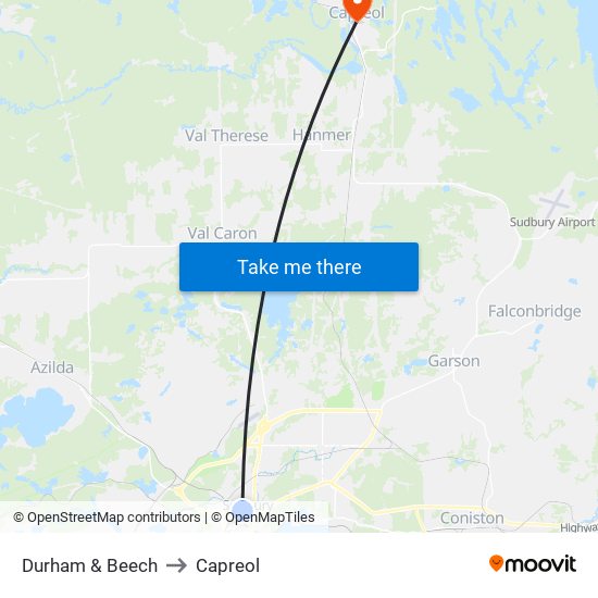 Durham & Beech to Capreol map