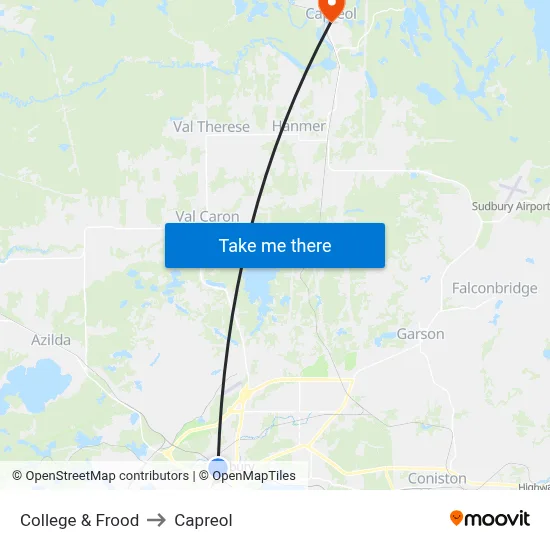 College & Frood to Capreol map