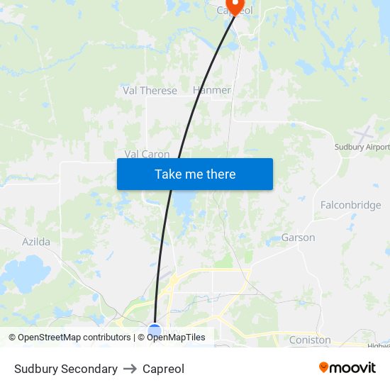 Sudbury Secondary to Capreol map