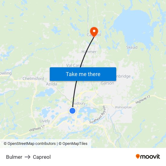 Bulmer to Capreol map