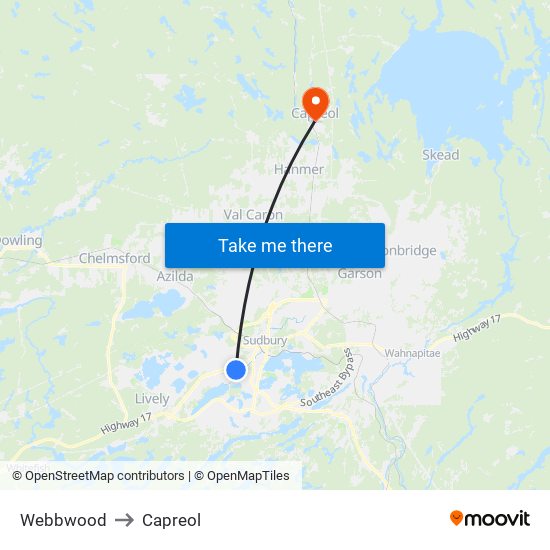 Webbwood to Capreol map