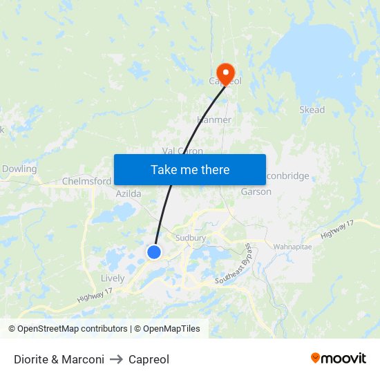 Diorite & Marconi to Capreol map