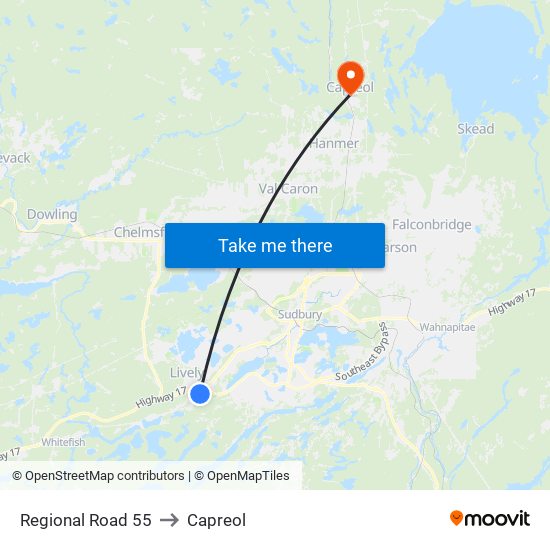 Regional Road 55 to Capreol map