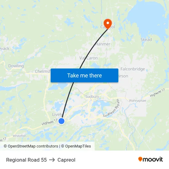 Regional Road 55 to Capreol map