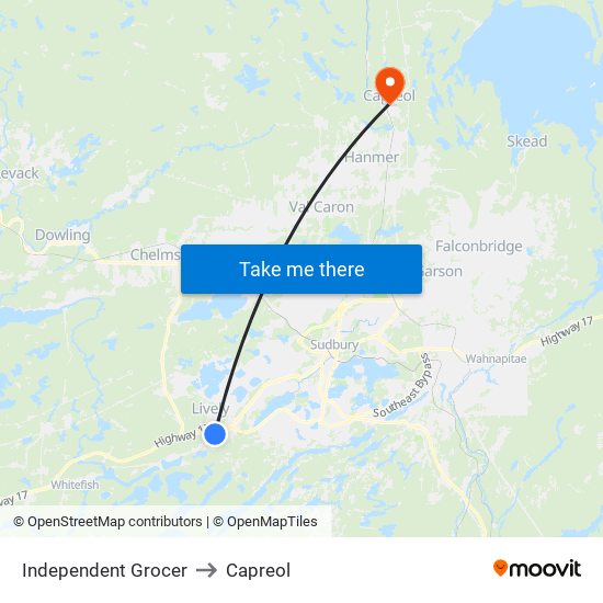 Independent Grocer to Capreol map