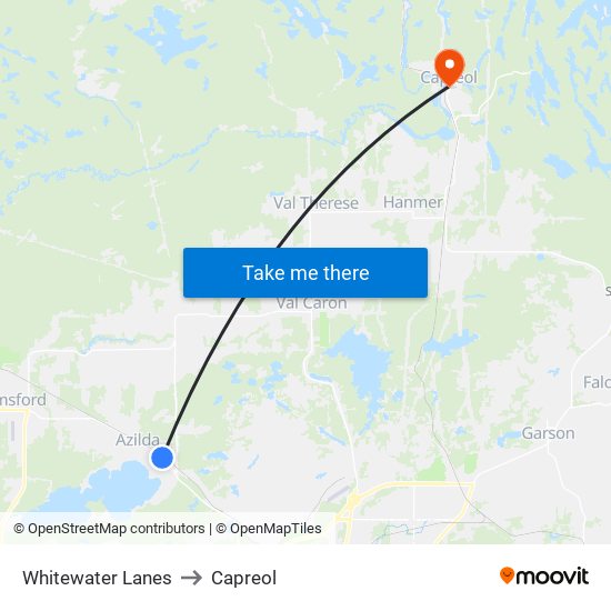 Whitewater Lanes to Capreol map