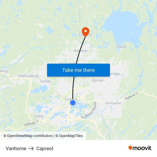 Vanhorne to Capreol map