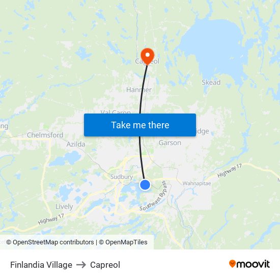 Finlandia Village to Capreol map