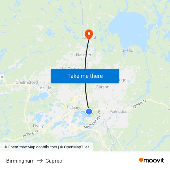 Birmingham to Capreol map