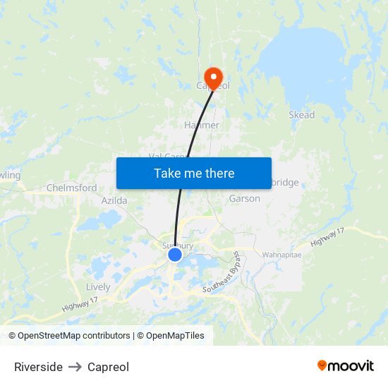 Riverside to Capreol map