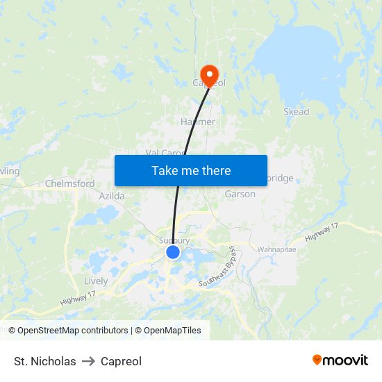 St. Nicholas to Capreol map