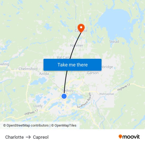 Charlotte to Capreol map