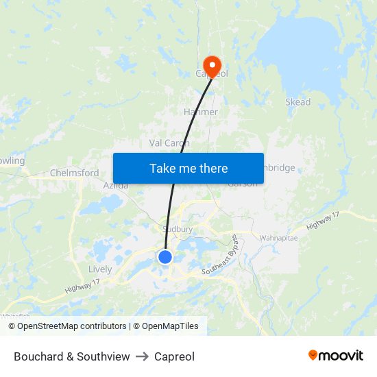 Bouchard & Southview to Capreol map