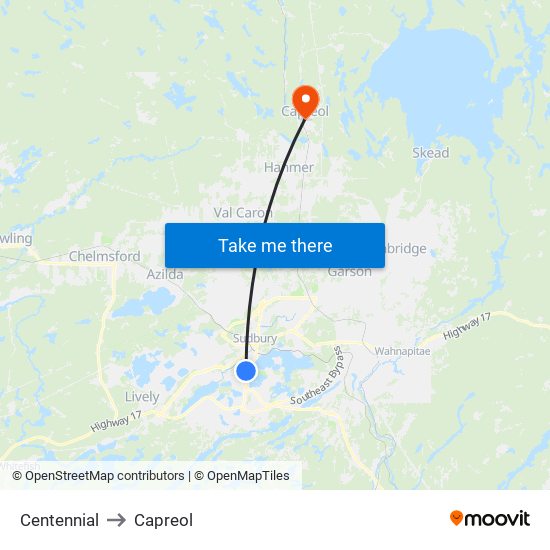 Centennial to Capreol map