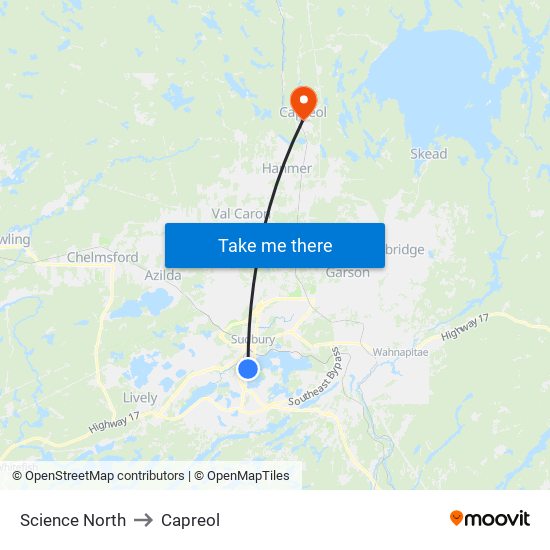 Science North to Capreol map